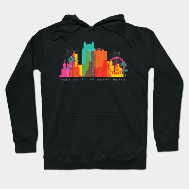 Meet me at my Happy Place. Happiest Place on Earth. Colorful Orlando Theme Park Skyline Hoodie by RajaGraphica